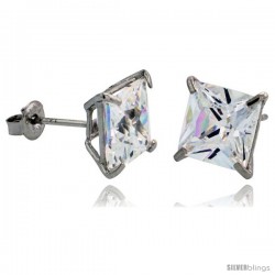 14K White Gold 7 mm Square CZ Stud Earrings Basket Set 3 1/2 Carat Size