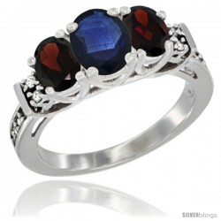 14K White Gold Natural Blue Sapphire & Garnet Ring 3-Stone Oval with Diamond Accent