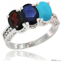 14K White Gold Natural Garnet, Blue Sapphire & Turquoise Ring 3-Stone 7x5 mm Oval Diamond Accent