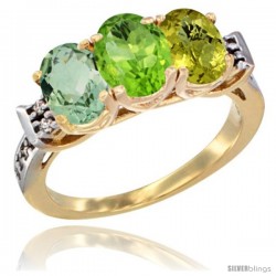 10K Yellow Gold Natural Green Amethyst, Peridot & Lemon Quartz Ring 3-Stone Oval 7x5 mm Diamond Accent