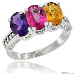 14K White Gold Natural Amethyst, Pink Topaz & Whisky Quartz Ring 3-Stone 7x5 mm Oval Diamond Accent