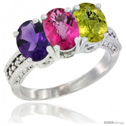 14K White Gold Natural Amethyst, Pink Topaz & Lemon Quartz Ring 3-Stone 7x5 mm Oval Diamond Accent