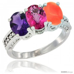 14K White Gold Natural Amethyst, Pink Topaz & Coral Ring 3-Stone 7x5 mm Oval Diamond Accent