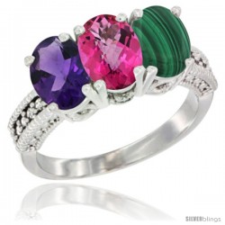 14K White Gold Natural Amethyst, Pink Topaz & Malachite Ring 3-Stone 7x5 mm Oval Diamond Accent