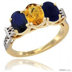 10K Yellow Gold Natural Blue Sapphire, Whisky Quartz & Lapis Ring 3-Stone Oval 7x5 mm Diamond Accent