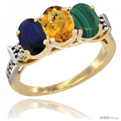 10K Yellow Gold Natural Blue Sapphire, Whisky Quartz & Malachite Ring 3-Stone Oval 7x5 mm Diamond Accent