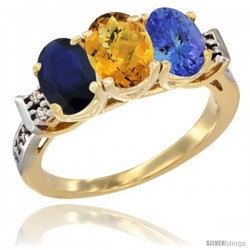 10K Yellow Gold Natural Blue Sapphire, Whisky Quartz & Tanzanite Ring 3-Stone Oval 7x5 mm Diamond Accent