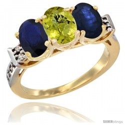 10K Yellow Gold Natural Lemon Quartz & Blue Sapphire Sides Ring 3-Stone Oval 7x5 mm Diamond Accent