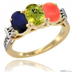 10K Yellow Gold Natural Blue Sapphire, Lemon Quartz & Coral Ring 3-Stone Oval 7x5 mm Diamond Accent