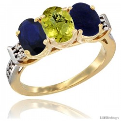 10K Yellow Gold Natural Blue Sapphire, Lemon Quartz & Lapis Ring 3-Stone Oval 7x5 mm Diamond Accent