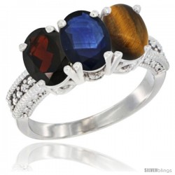 14K White Gold Natural Garnet, Blue Sapphire & Tiger Eye Ring 3-Stone 7x5 mm Oval Diamond Accent