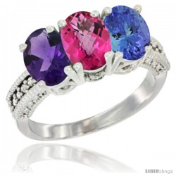 14K White Gold Natural Amethyst, Pink Topaz & Tanzanite Ring 3-Stone 7x5 mm Oval Diamond Accent