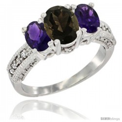 14k White Gold Ladies Oval Natural Smoky Topaz 3-Stone Ring with Amethyst Sides Diamond Accent