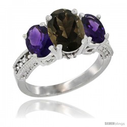 14K White Gold Ladies 3-Stone Oval Natural Smoky Topaz Ring with Amethyst Sides Diamond Accent