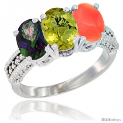 14K White Gold Natural Mystic Topaz, Lemon Quartz & Coral Ring 3-Stone 7x5 mm Oval Diamond Accent