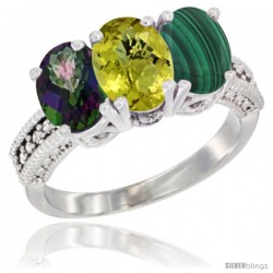 14K White Gold Natural Mystic Topaz, Lemon Quartz & Malachite Ring 3-Stone 7x5 mm Oval Diamond Accent