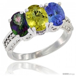 14K White Gold Natural Mystic Topaz, Lemon Quartz & Tanzanite Ring 3-Stone 7x5 mm Oval Diamond Accent