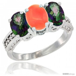 14K White Gold Natural Coral & Mystic Topaz Sides Ring 3-Stone 7x5 mm Oval Diamond Accent