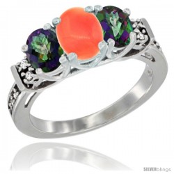 14K White Gold Natural Coral & Mystic Topaz Ring 3-Stone Oval with Diamond Accent