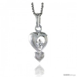 High Polished Sterling Silver 5/8" (16 mm) tall Double Heart Pendant, w/ 2mm Brilliant Cut CZ Stone, w/ 18" Thin Box Chain