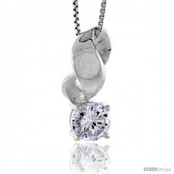 High Polished Sterling Silver 7/8" (22 mm) tall Swirl Pendant Slide, w/ 7mm Brilliant Cut CZ Stone, w/ 18" Thin Box Chain