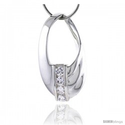 Sterling Silver High Polished Oval Slider Pendant, w/ Four 4mm CZ Stones, 1 5/16" (33 mm) tall, w/ 18" Thin Snake Chain