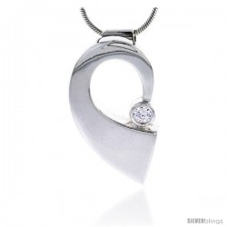 Sterling Silver High Polished Half Heart Slider Pendant, w/ 4mm CZ Stone, 1 3/16" (30 mm) tall, w/ 18" Thin Snake Chain