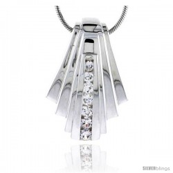 Sterling Silver High Polished Fan-shaped Slider Pendant, w/ Graduated CZ Stones, 1 1/16" (27 mm) tall, w/ 18" Thin Snake Chain