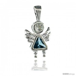 Sterling Silver March Birthstone Angel Pendant w/ Aquamarine Color Cubic Zirconia