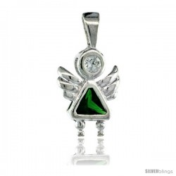 Sterling Silver May Birthstone Angel Pendant w/ Emerald Color Cubic Zirconia