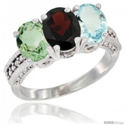 14K White Gold Natural Green Amethyst, Garnet & Aquamarine Ring 3-Stone 7x5 mm Oval Diamond Accent