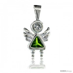 Sterling Silver August Birthstone Angel Pendant w/ Peridot Color Cubic Zirconia