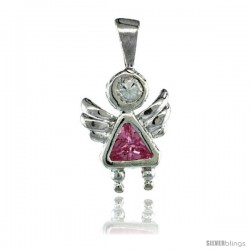 Sterling Silver October Birthstone Angel Pendant w/ Pink Tourmaline Color Cubic Zirconia