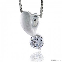 High Polished Sterling Silver 11/16" (17 mm) tall Heart Pendant, w/ 6mm Brilliant Cut CZ Stone, w/ 18" Thin Box Chain