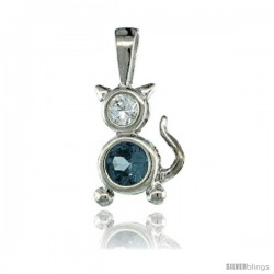 Sterling Silver March Birthstone Cat Pendant w/ Aquamarine Color Cubic Zirconia