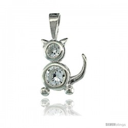 Sterling Silver April Birthstone Cat Pendant w/ Clear Color Cubic Zirconia