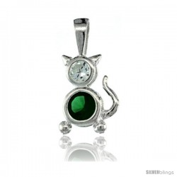 Sterling Silver May Birthstone Cat Pendant w/ Emerald Color Cubic Zirconia