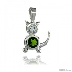 Sterling Silver August Birthstone Cat Pendant w/ Peridot Color Cubic Zirconia