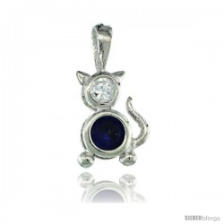 Sterling Silver September Birthstone Cat Pendant w/ Blue Sapphire Color Cubic Zirconia