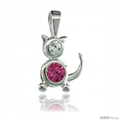 Sterling Silver October Birthstone Cat Pendant w/ Pink Tourmaline Color Cubic Zirconia