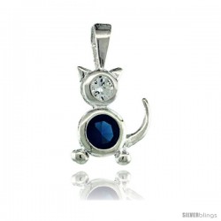 Sterling Silver December Birthstone Cat Pendant w/ Blue Topaz Color Cubic Zirconia