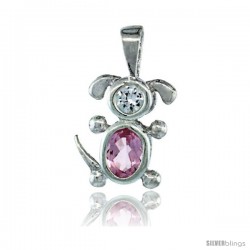 Sterling Silver October Birthstone Dog Pendant w/ Pink Tourmaline Color Cubic Zirconia