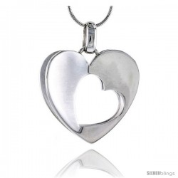 Sterling Silver High Polished 3D Heart Pendant w/ Cut Out, 1 1/8" (29 mm) tall, w/ 18" Thin Snake Chain