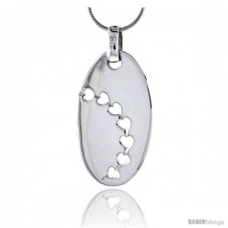 Sterling Silver High Polished Oval Pendant, w/ Heart Cut Out Series, 1 5/8" (35 mm) tall, w/ 18" Thin Snake Chain