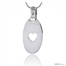 Sterling Silver High Polished Oval Pendant, w/ Heart Cut Out, 1 1/4" (32 mm) tall, w/ 18" Thin Snake Chain