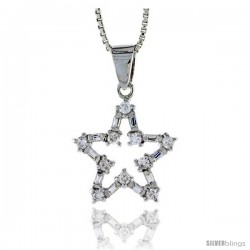 Sterling Silver Cut Out Star Pendant w/ Baguette & Round CZ Stones, 3/4" (19 mm) tall