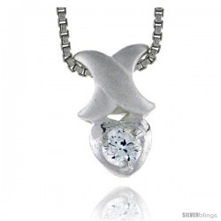 High Polished Sterling Silver 1/2" (13 mm) tall Teeny Heart Pendant, w/ 3mm Brilliant Cut CZ Stone, w/ 18" Thin Box Chain