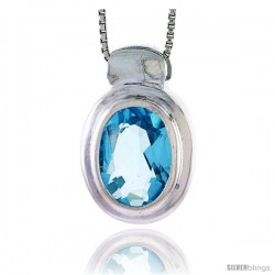 High Polished Sterling Silver 15/16" (23 mm) tall Oval-shaped Pendant, w/ Oval Cut 12x9mm Blue Topaz-colored CZ Stone, w/ 18"