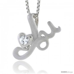 High Polished Sterling Silver 9/16" (15 mm) tall "I Love You" Heart Pendant, w/ 3mm Brilliant Cut CZ Stone, w/ 18" Thin Box