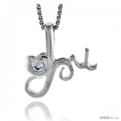 High Polished Sterling Silver 3/4" (19 mm) tall "I Love You" Heart Pendant, w/ 3mm Brilliant Cut CZ Stone, w/ 18" Thin Box Chain